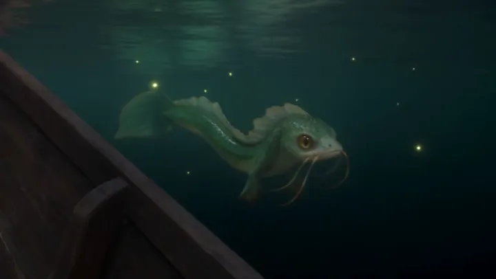Young Rill swimming in green, firefly-lit water